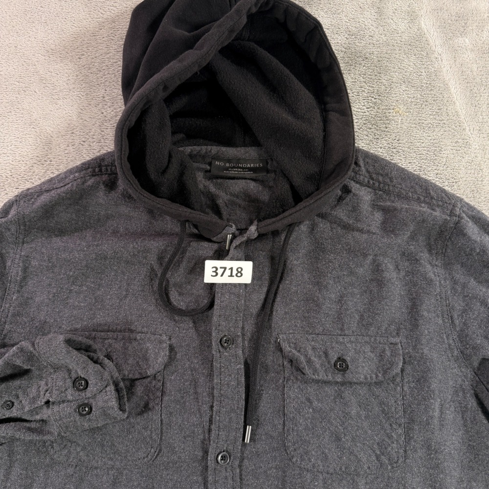 No Boundaries Flannel Hoodie Men XL Black Soot Long Sleeve Button Up Shirt